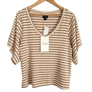 Oak and Trellis Striped V-neck Slouchy T-Shirt Women’s Sz Large Cream & Tan
